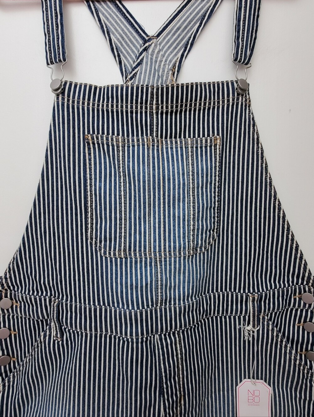 NOBO Engineer Stripe Blue White Denim Bib Shorttalls Romper Size 3X New - Picture 4 of 9